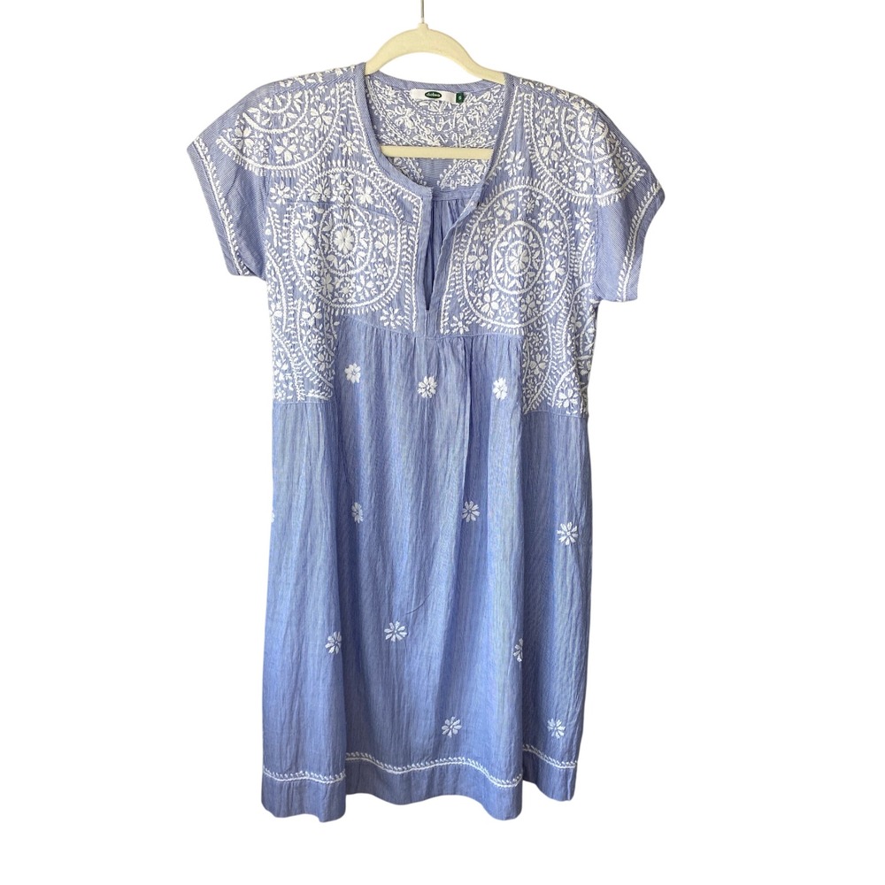 Dolma Blue White Striped Floral Embroidered Shift Dress Small Boho Cap Sleeve